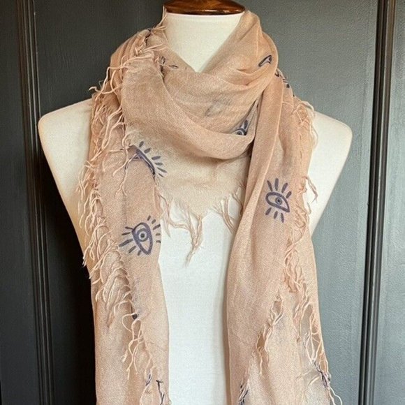 New Auth Chan Luu Evil Eye Print Cashmere Silk Scarf Color: Seed Pearl